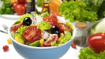 fresco greco insalata servito con salutare cibo ingredienti foto