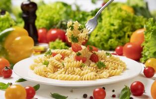 piatto di cucinato italiano fusilli pasta con pomodori e basilico le foglie foto