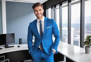 fiducioso uomo d'affari nel un' elegante blu completo da uomo in piedi nel un' moderno ufficio ambientazione, adatto per aziendale, successo, e professionale temi foto
