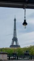 iconico eiffel Torre nel Parigi, Francia, incorniciato di un' strada lampada con primavera fogliame, catturato su aprile 14, 2024, Perfetto per viaggio e europeo vacanze temi foto
