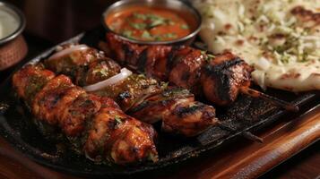 fragrante es frizzante carni e il fumoso essenza di il tandoor combinare per creare un' acquolina in bocca tandoori piatto con pollo tikka seekh kebab e aglio naan foto