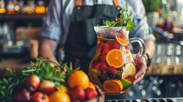 un' barista sapientemente detiene un' smerigliato brocca di zeroalcol Sangria circondato di colorato frutta e guarnizioni pronto per essere servito per assetato mecenati foto