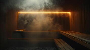 un' realizzazione di vapore nel buio sauna atmosfera misto con calmante musica per Aiuto pubblicazione fatica e tensione. foto