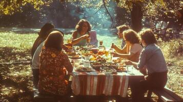 un' gruppo di amici si riunirono in giro un' picnic tavolo condivisione storie e fabbricazione ricordi al di sopra di un' delizioso diffusione di cibo foto