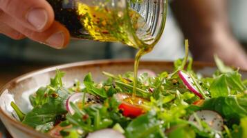 pioviggina un' fatti in casa vinaigrette al di sopra di il insalata il uomo infonde esso con il suo proprio miscela di fresco erbe aromatiche aggiungendo tutti e due gusto e Salute benefici foto