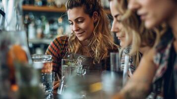 un' ospite attentamente assunzione Appunti come il barman spiega il diverso tecniche e gusto combinazioni per mocktail fabbricazione foto