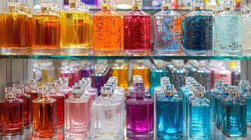 un' boutique fragranza studio con scaffali di colorato bicchiere bottiglie e contenitori pieno con diverso profumi foto