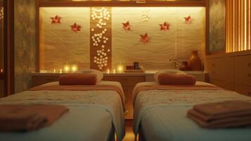 un' sereno massaggio camera con morbido illuminazione dove un' genitore e bambino può essere visto ottenere fianco a fianco massaggi. foto