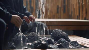 Due formatori sedersi lato di lato su un' sauna panchina uno scrosciante acqua al di sopra di caldo sauna rocce come il altro incoraggia loro clienti per respirare profondamente e sudore su tossine. foto