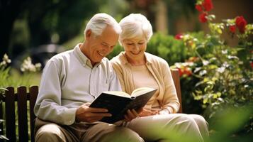 un più vecchio coppia godendo un' silenzioso sera a casa ogni assorto nel loro proprio libro come essi Continua per imparare e espandere loro conoscenza nel la pensione foto