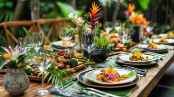 un' tavolo impostato con un assortimento di tropicale piatti tutti meravigliosamente plated e pronto per essere praticato su di laboratorio partecipanti foto