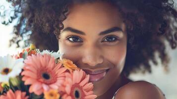 un' donna Tenere un' mazzo di fiori sua viso splendente con orgoglio come lei accetta un premio per raggiungendo 10 anni di sobrietà foto