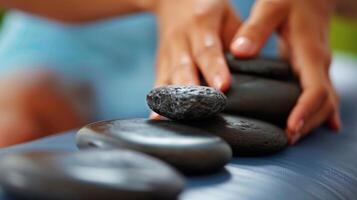 un' qualificato massaggiatrice utilizzando caldo pietre per pubblicazione tensione e promuovere rilassamento durante un' massaggio sessione. foto