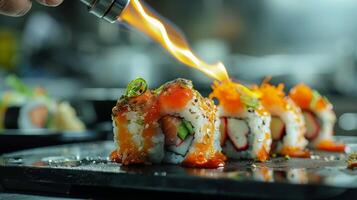 un' persona utilizzando un' piccolo fiamma ossidrica per leggermente scottare il superiore di un' Sushi rotolo aggiungendo tutti e due profondità di gusto e un' drammatico presentazione per loro fatti in casa capolavoro foto