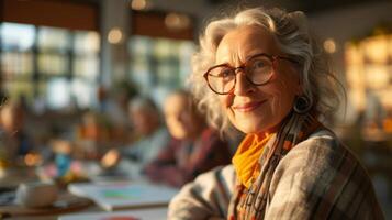 come il luce del sole flussi attraverso il finestre un' gruppo di pensionati immersa nel un arte terapia sessione uso loro creatività per opera attraverso loro emozioni e trova interno pace foto