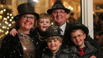 genitori e bambini vestito nel loro migliore scintillante abbigliamento pronto per squillare nel il nuovo anno con stile foto