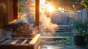 il vapore fuga a partire dal un all'aperto infrarosso sauna la creazione di un etereo ambiance nel il mezzo di un' tranquillo, calmo Giardino dietro la casa. foto