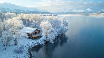 un aereo Visualizza di un' sauna situato su un' lago con congelato alberi e coperto di neve montagne nel il distanza evidenziazione il tranquillo, calmo e naturale ambientazione per utilizzando saune per combattere triste. foto