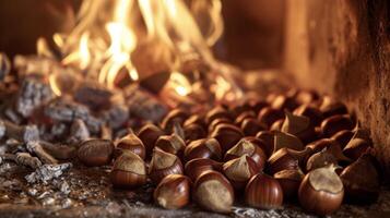 il confortante crepitio di un' camino riempimenti il aria come voi mordere in queste perfettamente arrostito castagne loro tenero rilasciando un' delizioso nocciola gusto. suo il finale invernale foto