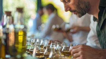 un oliva olio sommelier guida partecipanti attraverso un' gusto test di diverso oliva varietà educare loro su il sottigliezze di gusto e origine foto