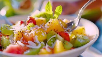 un' cibo critico assapora un' mordere di un' succoso e colorato tropicale frutta insalata cosparso con tostato Noce di cocco fiocchi e piovigginato con un' piccante agrume condimento foto