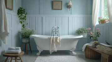 un' accogliente e invitante bagno con un' Vintage ▾ artiglio vasca e pastello blu muri con un' bianca afferrare bar sottilmente mescolanza nel con il arredamento per un' elegante e sicuro Esperienza foto