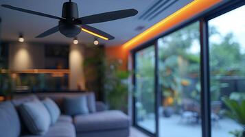 un' avvicinamento di un' moderno soffitto fan con integrato guidato luci controllato di un' inteligente casa dispositivo aggiungendo tutti e due stile e convenienza per il rinnovamento foto