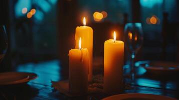 il candele sfarfallio nel armonia la creazione di un' sereno e calmante atmosfera per il cena. 2d piatto cartone animato foto