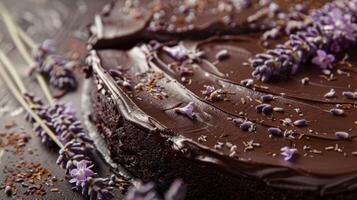 un' cioccolato torte ornato con secco lavanda fiori servito come un' decadente dolce foto