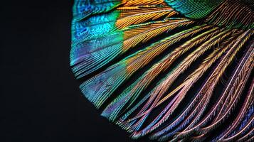 vicino su di un' colorato pavone piuma, dettagliato struttura, isolato su nero sfondo foto