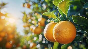 avvicinamento di arance in crescita nel un arancia boschetto sotto luminosa sole e blu cielo generato di ai. foto