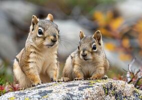 madre e bambino scoiattolo seduta su granito roccia generato di ai. foto