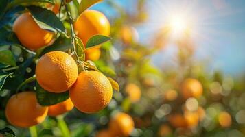 avvicinamento di arance in crescita nel un arancia boschetto sotto luminosa sole e blu cielo generato di ai. foto