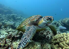 un' verde mare tartaruga con un' difficile conchiglia nuotate nel il in profondità mare con brillantemente colorato corallo barriere generato di ai. foto