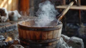 il di legno secchio e mestolo Usato per versare acqua al di sopra di il caldo sauna rocce la creazione di un' scoppiare di vapore. foto