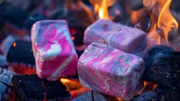 marmorizzato marshmallows roteato con occhiali da sole di rosa e viola lentamente torrefazione al di sopra di caldo carboni foto