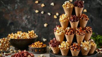 un' creativo Schermo di Popcorn coni pieno con sapori piace bbq Bacon e salato caramello disposte nel un' Torre su un' tavolo foto