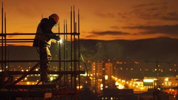 un' solitario lavoratore sta in cima un' impalcatura abilmente saldatura Due metallo pannelli insieme come il freddo notte aria turbinii in giro lui e il città luci Le nel il distanza foto