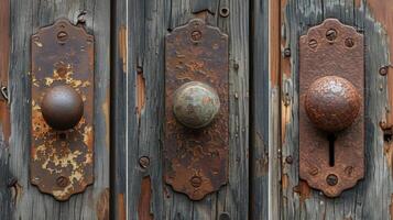 un' serie di immagini in mostra il processi di spogliarsi levigatura e rifinitura un vecchio di legno porta maniglia rivelatrice il intricato legna grano e ricco patina foto