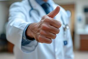 positivo medico con pollici su gesto nel moderno clinica foto