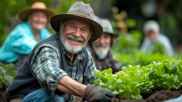 un' squadra di pensionati opera insieme per costruire un' nuovo serra nel il Comunità giardino eccitato per estendere loro in crescita stagione e provare nuovo impianti foto