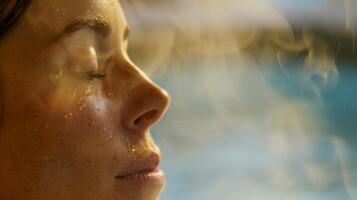 il calore di il sauna cause un' donna per prendere lento in profondità respiri sapere quello ogni inalazione è porzione sua corpo per disintossicare e pulizia a partire dal il effetti di vacanza celebrazioni. foto