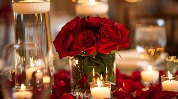 un' affascinante mazzo di rosso Rose come il centrotavola con tered rosa petali circostante il base di il candela titolari. 2d piatto cartone animato foto
