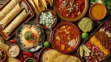 un' diffusione di tradizionale messicano piatti Compreso tacos enchiladas e tamales tutti fatto con fresco e Locale ingredienti foto