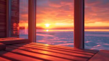 un' tranquillo Alba scena visto attraverso il grande finestre di un infrarosso sauna. per quelli chi lotta con il più corto giorni di inverno di partenza loro giorno con un' mattina sauna sessione foto