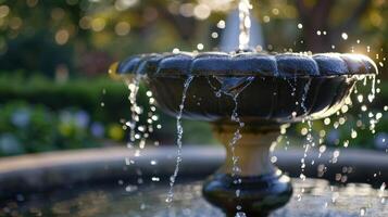 il tranquillo suono di fluente acqua a partire dal un' nelle vicinanze Fontana Aggiunge per il tranquillo, calmo ambiente di il giardino anfiteatro. 2d piatto cartone animato foto