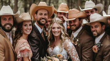 un' gruppo tiro di il intero nozze festa con il damigelle d'onore e testimoni dello sposo indossare cowboy cappelli e stivali e il coppia nel loro proprio unico di ispirazione occidentale abiti foto