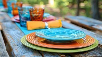 brillantemente colorato piatti e tovaglioli impostato su su un' di legno picnic tavolo aggiungendo un' toccare di fascino per il all'aperto ambientazione foto