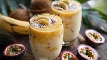 no sulla spiaggia festa è completare senza alcuni delizioso frullati e queste siamo fatto con Locale Noce di cocco latte banane e un' spruzzo di frutto della passione per un' rinfrescante scoppiare di gusto foto