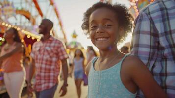 un' famiglia passeggiate attraverso il Festival assunzione nel tutti il viste e suoni e sorridente nel anticipazione di il divertimento attività e delizioso cibo quello attende loro foto